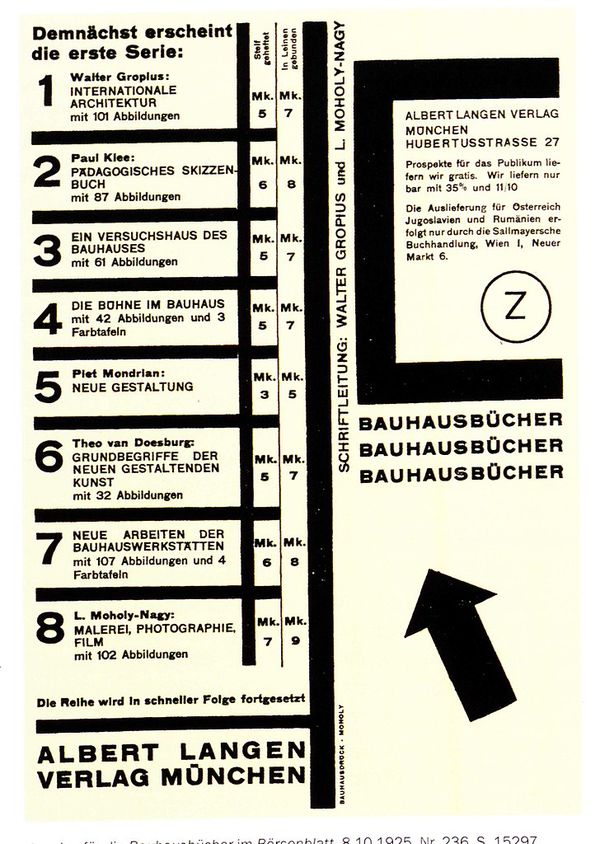 Anzeige aus dem Börsenblatt des Deutschen Buchhandels. Sie listet tabellarisch die Bauhausbücher auf.