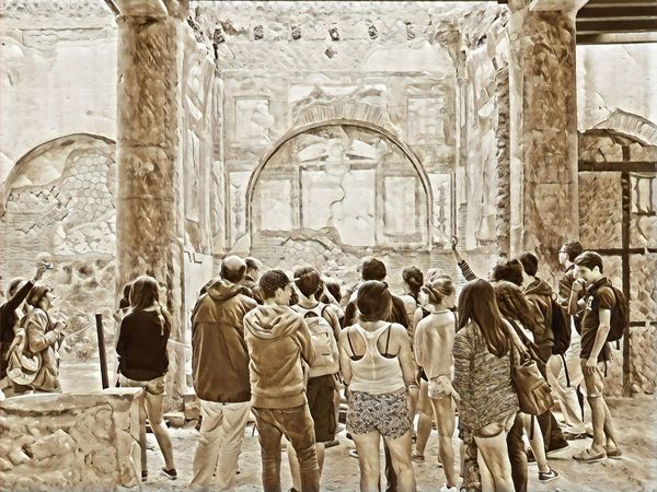 Werkleitz – Pompeji Überzeichnetes Bild einer Touristengruppe in antiken Ruinen