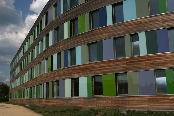 Fassade des Umweltbundesamts in Dessau. Viergeschossig, mit Holz verkleidet und bunten Elementen zwischen den Fenstern